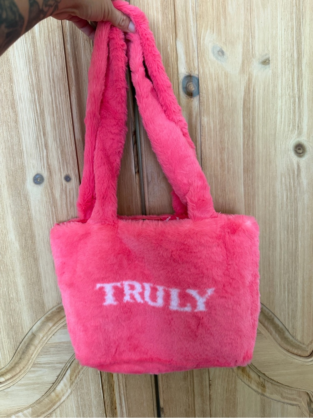 TRULY Hot Pink Faux-Fur Tote Bag with White Logo